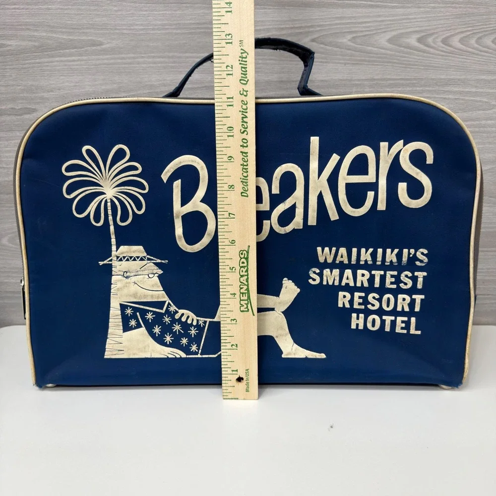 Vintage The Breakers Waikiki Hawaii Souvenir Travel Bag Natco Blue Suitcase